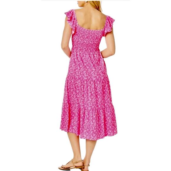 Lilly Pulitzer Size XL Jilly Smocked Midi Dress Aura Pink Check You Out Floral - Picture 2 of 10